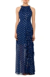Betsy & Adam Chiffon Foil-dot Gown In Light Navy/ Gold