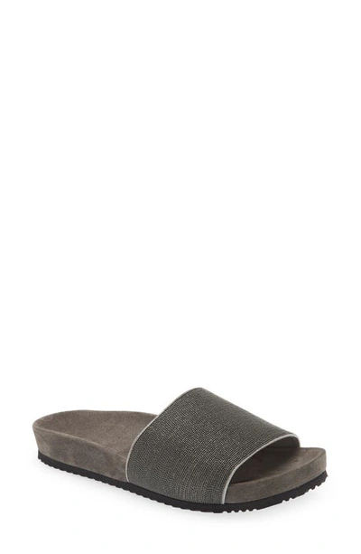 Brunello Cucinelli Monili Embellished Leather Slides In Grey