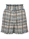 Msgm Tweed Fringe Check Shorts In Light Blue