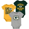 OUTERSTUFF NEWBORN & INFANT GREEN/GOLD GREEN BAY PACKERS EAT SLEEP DROOL FOOTBALL THREE-PIECE BODYSUIT SET