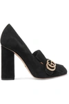 GUCCI MARMONT FRINGED LOGO AND FAUX PEARL-EMBELLISHED SUEDE PUMPS