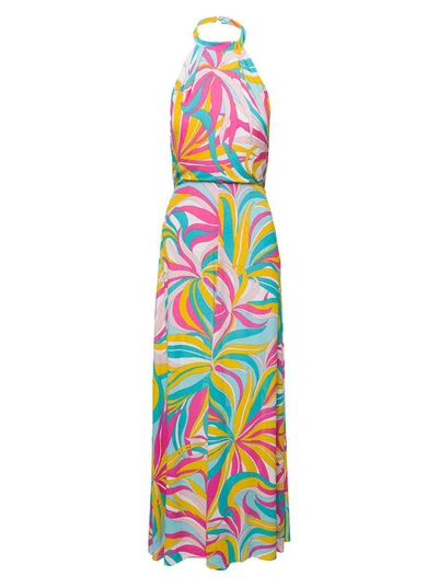 Pinko 'la Rioja' Long Multicolor Dress With Halterneck And All-over Graphic Print In  In Crepe De Chine Wo