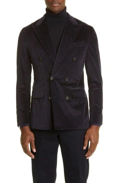 Thom Sweeney Slim-fit Double-breasted Cotton-blend Corduroy Suit Jacket In Blue