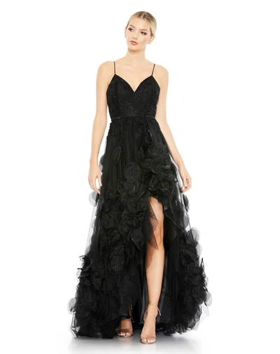 MAC DUGGAL BLACK EMBELLISHED FLORAL HIGH LOW SLEEVELESS GOWN