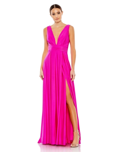 Ieena For Mac Duggal Jersey Plunge Neck Evening Gown In Hot Pink