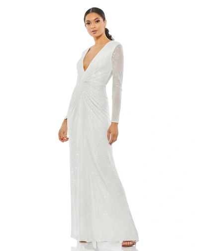 Ieena For Mac Duggal Long Sleeved Gathered Sequined Gown In White