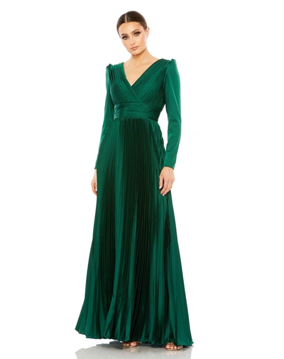Ieena For Mac Duggal Pleated Long Sleeve V-neck Gown In Emerald