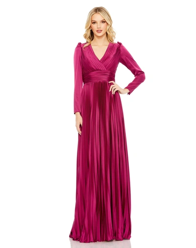 Ieena For Mac Duggal Pleated Long Sleeve V-neck Gown In Magenta