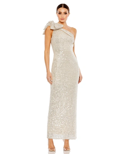 Ieena For Mac Duggal Sequined Bow One Shoulder Column Gown In Nude