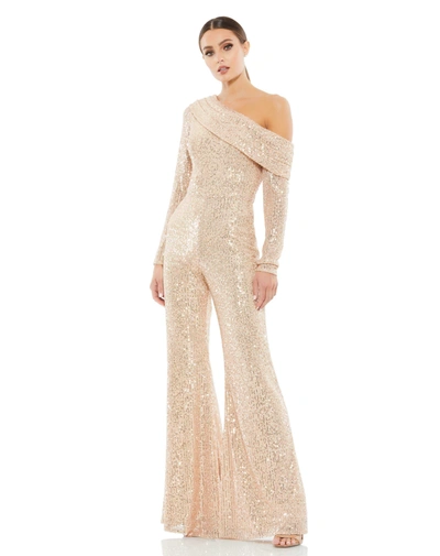 Ieena For Mac Duggal Sequined Drop Shoulder Long Sleeve Jumpsuit Dress In Rose Gold