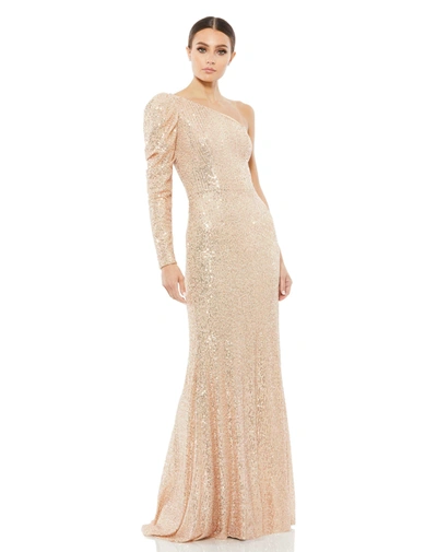 Ieena For Mac Duggal Sequined One Shoulder Trumpet Gown In Rose Gold