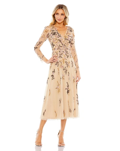 Mac Duggal Floral Embroidered A-line Cocktail Dress In Latte