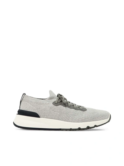 Brunello Cucinelli Knitted Runners In Cotton And Semi-glossy Calfskin In Metallic