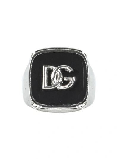 Dolce & Gabbana Ring With Enameled Accent And Dg Logo In Silver