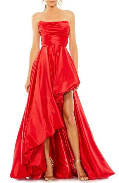 Mac Duggal Asymmetrical High Low Strapless Ruched Gown In Red