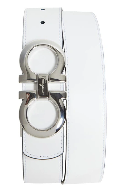 Ferragamo Gancini Reversible Leather Belt In White Mediterraneo Blue