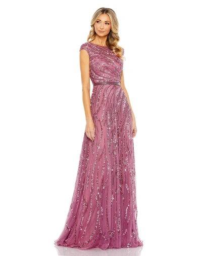 Mac Duggal Sequined Cap Sleeve Boat Neck Gown In Plum