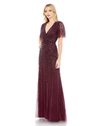 Mac Duggal Beaded Leaves Butterfly Sleeve Gown In Aubergine