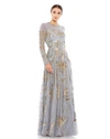 Mac Duggal Long Sleeve Embellished Illusion Evening Gown In Platinum Gold
