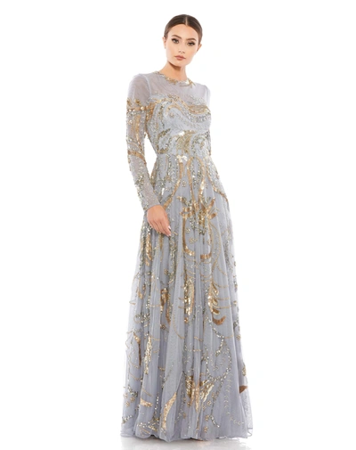 Mac Duggal Long Sleeve Embellished Illusion Evening Gown In Platinum Gold