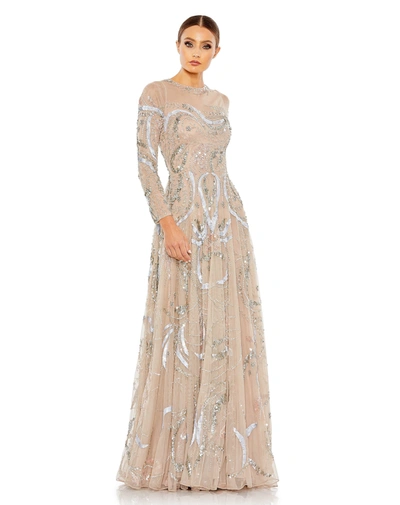 Mac Duggal Long Sleeve Embellished Illusion Evening Gown In Nude