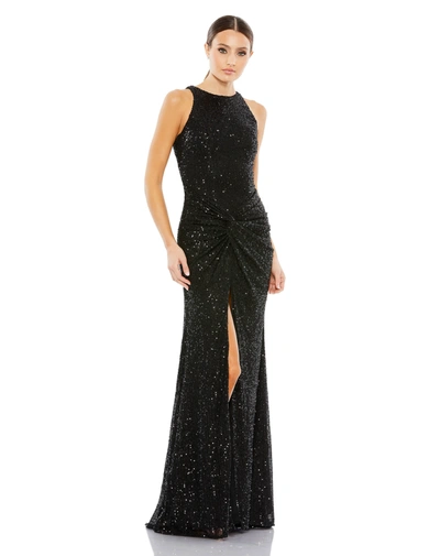Ieena For Mac Duggal Sequined High Neck Side Knot Gown In Black