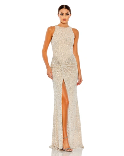 Ieena For Mac Duggal Sequined High Neck Side Knot Gown In Nude Silver