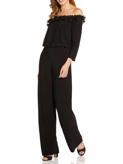 Adrianna Papell Plus Size Velvet Ruffled Off-the-shoulder Jumpsuit In Black
