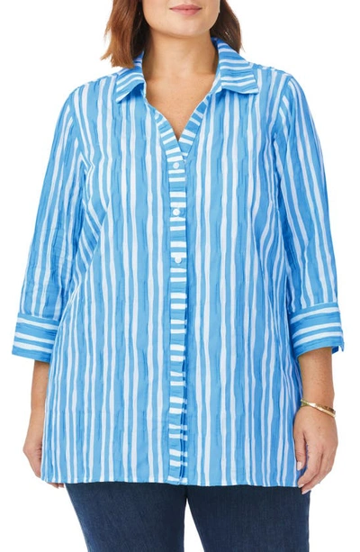 Foxcroft Pamela Crinkle Beach Stripe Blouse In Blue Breeze