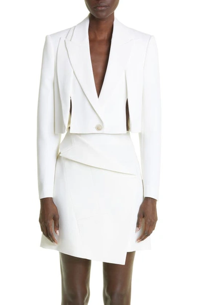 Alexander Mcqueen Double Lapel Slashed Cropped Jacket In Soft White