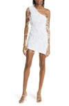 Retroféte Sina Feathered One-shoulder Asymmetric Mini Dress In White/ Silver
