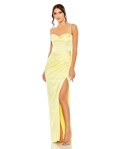 Mac Duggal Bustier Side Ruched Bodycon Gown In Lemon