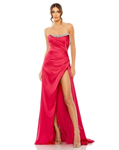 Mac Duggal Strapless Ruched Embellished Gown In Hot Pink