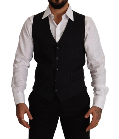 Dolce & Gabbana Blue Striped Wool Stretch Waistcoat Vest