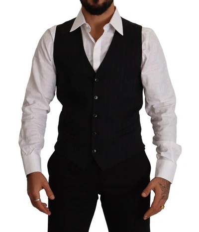 Dolce & Gabbana Blue Striped Wool Stretch Waistcoat Waistcoat