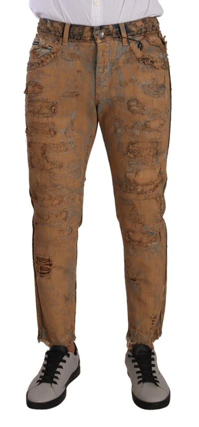 Dolce & Gabbana Brown Distressed Cotton Regular Denim Jeans