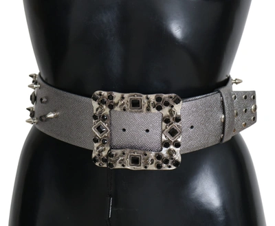 Dolce & Gabbana Silver Leather Crystal Stud Logo Buckle Belt