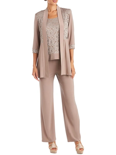 R & M Richards Womens Lace Sequined Pant Suit In Brown