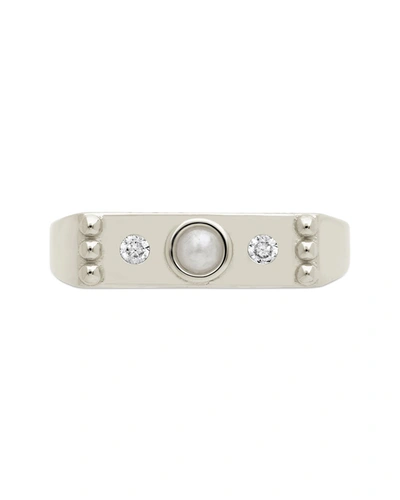 Sterling Forever Sterling Silver Pearl & Cz Bar Ring