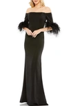 MAC DUGGAL FEATHER TRIM OFF THE SHOULDER SATIN TRUMPET GOWN
