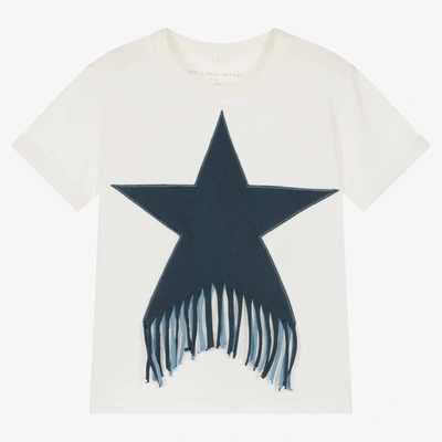 Stella Mccartney Kids' Star-print Fringe-detail T-shirt In Ivory