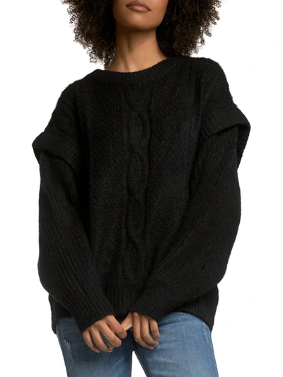 Elan Womens Cable Knit Drop Shoulder Pullover Sweater In Black