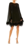 MAC DUGGAL MAC DUGGAL LONG SLEEVE FEATHER TRIM TRAPEZE MINIDRESS