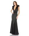 Mac Duggal Feather Shoulder V Neck Column Gown In Black