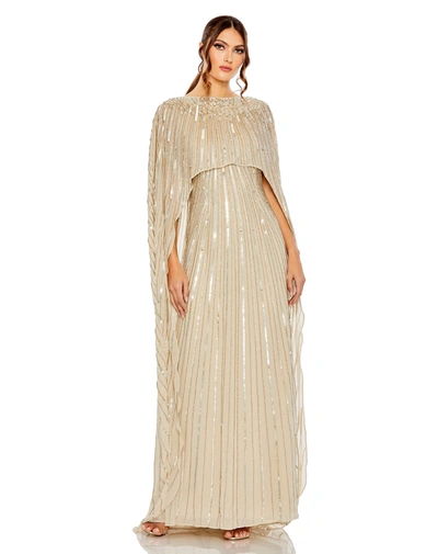 Mac Duggal Embellished Beaded Column Cape Gown In Neutral
