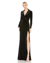 Ieena For Mac Duggal Long Sleeve Faux Tuxedo Gown In Black