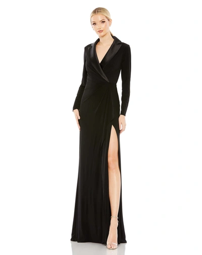 IEENA FOR MAC DUGGAL BLACK LONG SLEEVE FAUX TUXEDO GOWN