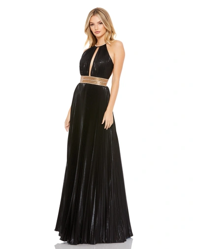 Mac Duggal Pleated Embellished Halter Open Back Gown In Black