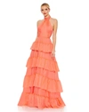 IEENA FOR MAC DUGGAL RUFFLE TIERED PLEATED HALTER NECK A LINE GOWN