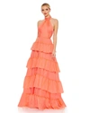 Ieena For Mac Duggal Ruffle Tiered Pleated Halter Neck A Line Gown In Peach